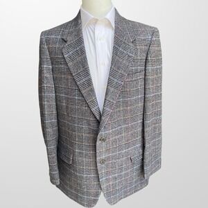 Farah Blazer Jacket 100% Wool Tweed Men's Size 46L Plaid Casual 2 Button Vintage